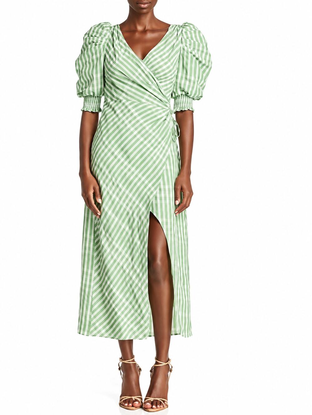 Cinq a Sept Womens Wrap Dress 0 Green Gia Plaid Print Puff Sleeve Midi $395